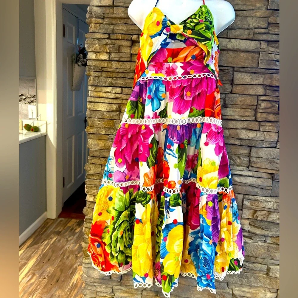 Farm Rio Chita Rainbow Floral Halter Dress New M - Picture 1 of 10